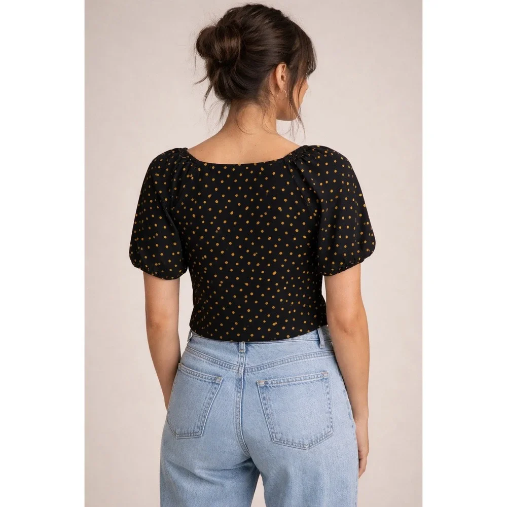 Madewell Womens Small Polka Dot Corduroy Faux Wrap Top Black Puff Sleeve Cottage